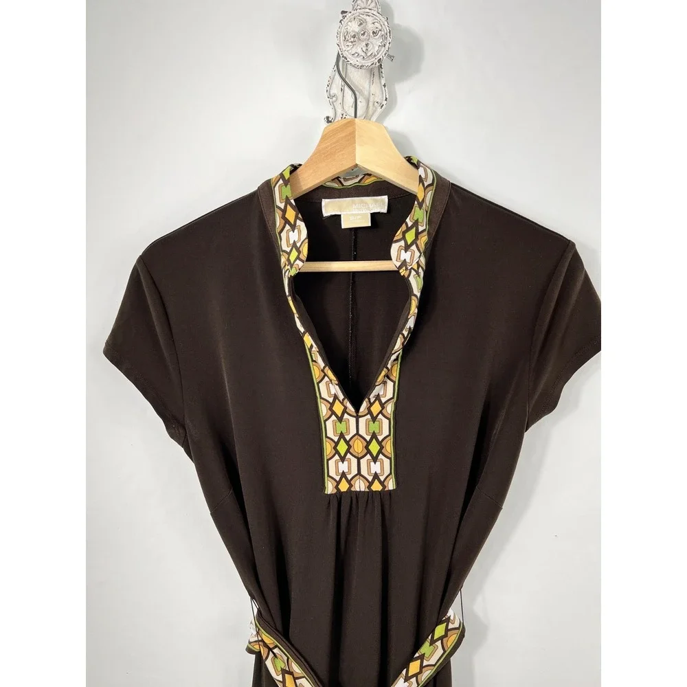 Michael Kors Mini Dress Small‎ Belted 90s Y2K Disco V-Neck Chocolate Brown